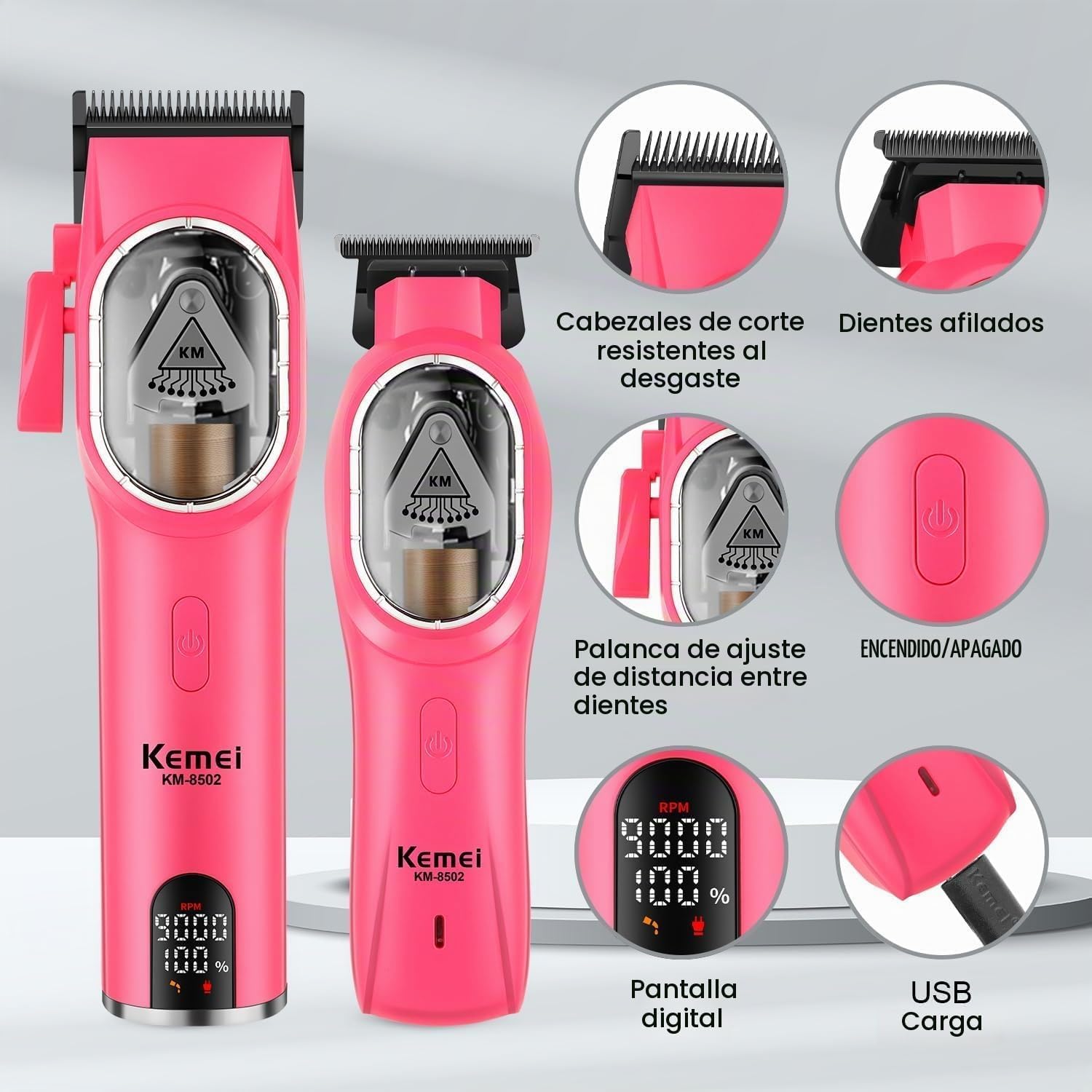 Kit Profesional Barbería Kemei KM-8502 Clipper y Trimmer + Rasuradora Shaver Profesional Kemei KM-TX1 – Plateada - Imagen 2