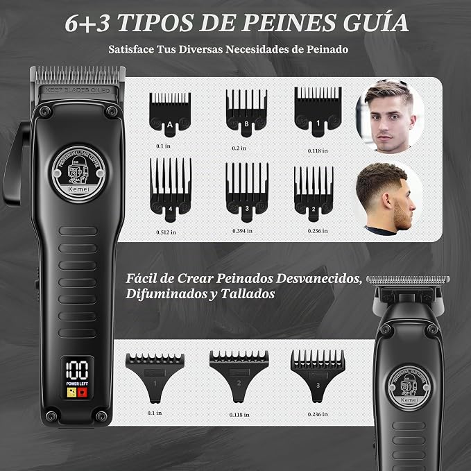 Kit Profesional Barbería Kemei KM-1827 Clipper y Trimmer + Rasuradora Shaver Profesional Kemei KM-T95 - Imagen 2