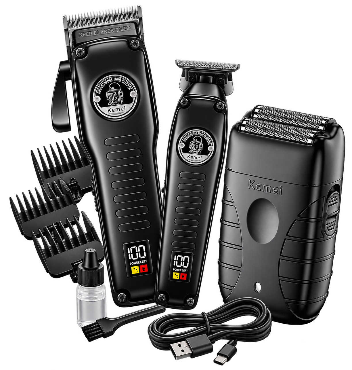 Kit Profesional Barbería Kemei KM-1827 Clipper y Trimmer + Rasuradora Shaver Profesional Kemei KM-T95